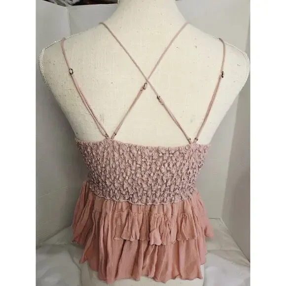 Free People Adella Cami Tank Top Womens M Mauve Lace Boho Tiered Flowy Romantic - Picture 9 of 15